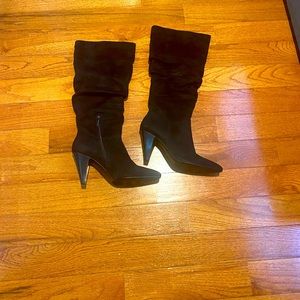Sage + Simple black suede heel boot.